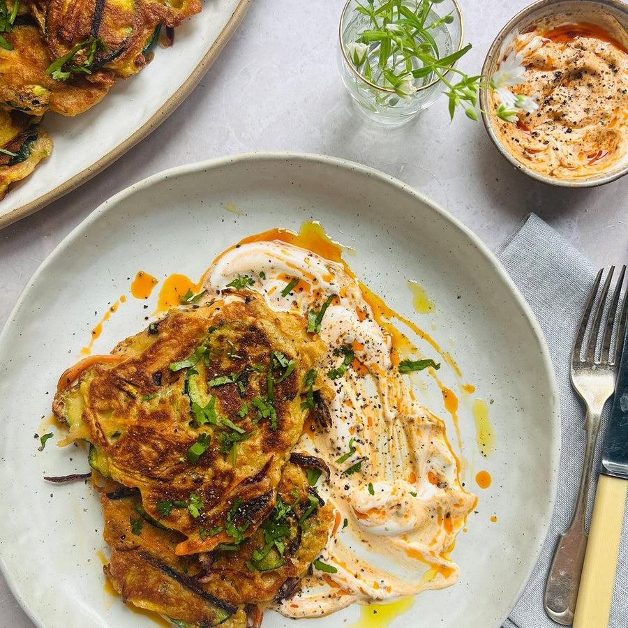 Carrot, Courgette & Halloumi Fritters with Chipotle Yoghurt
