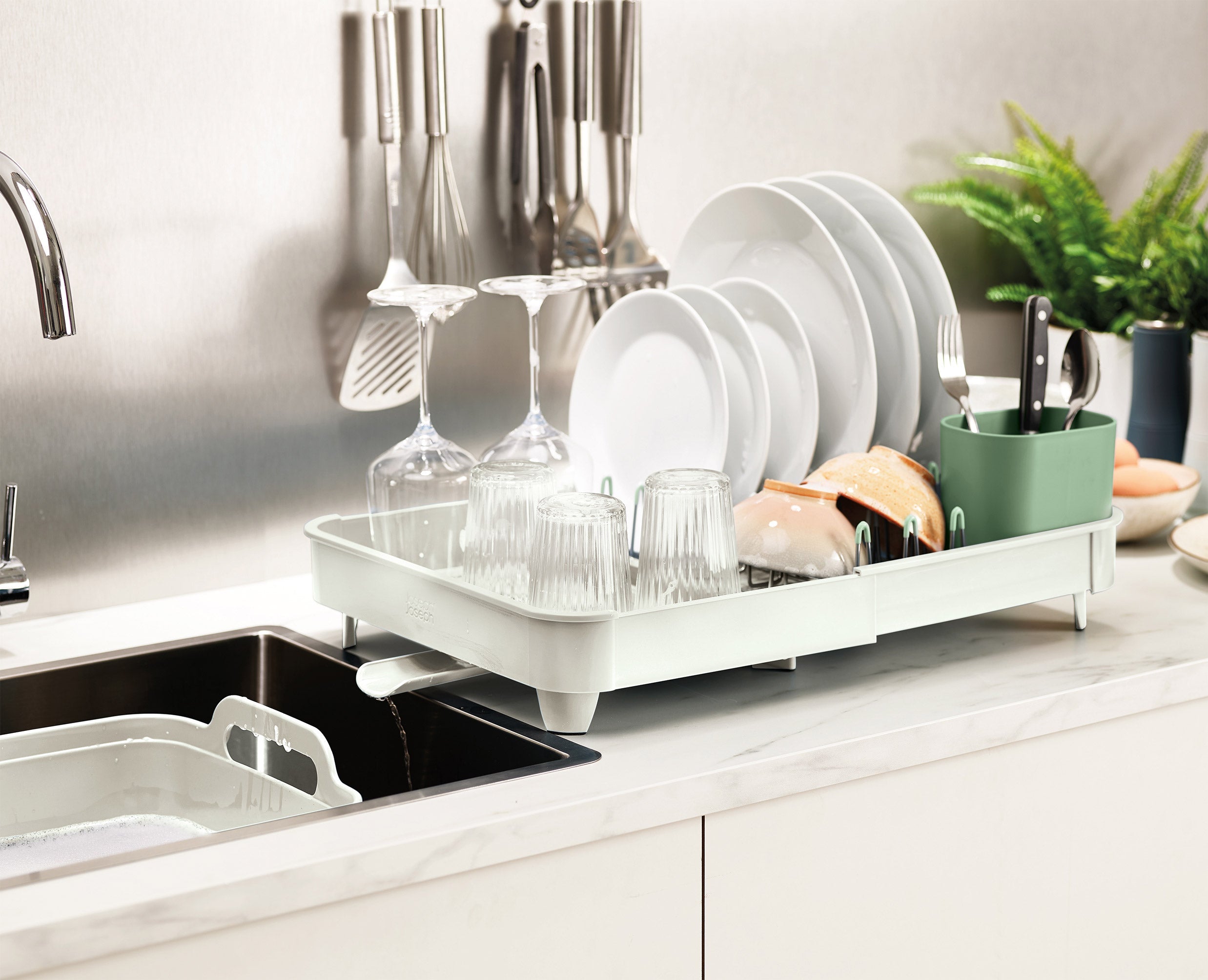 3-piece Stone Green Drainer, Washing-up Bowl & Brush Set