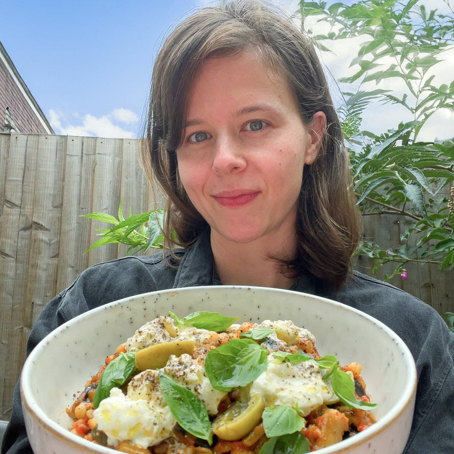 Eggplant Caponata with Fregola, Burrata and Olives