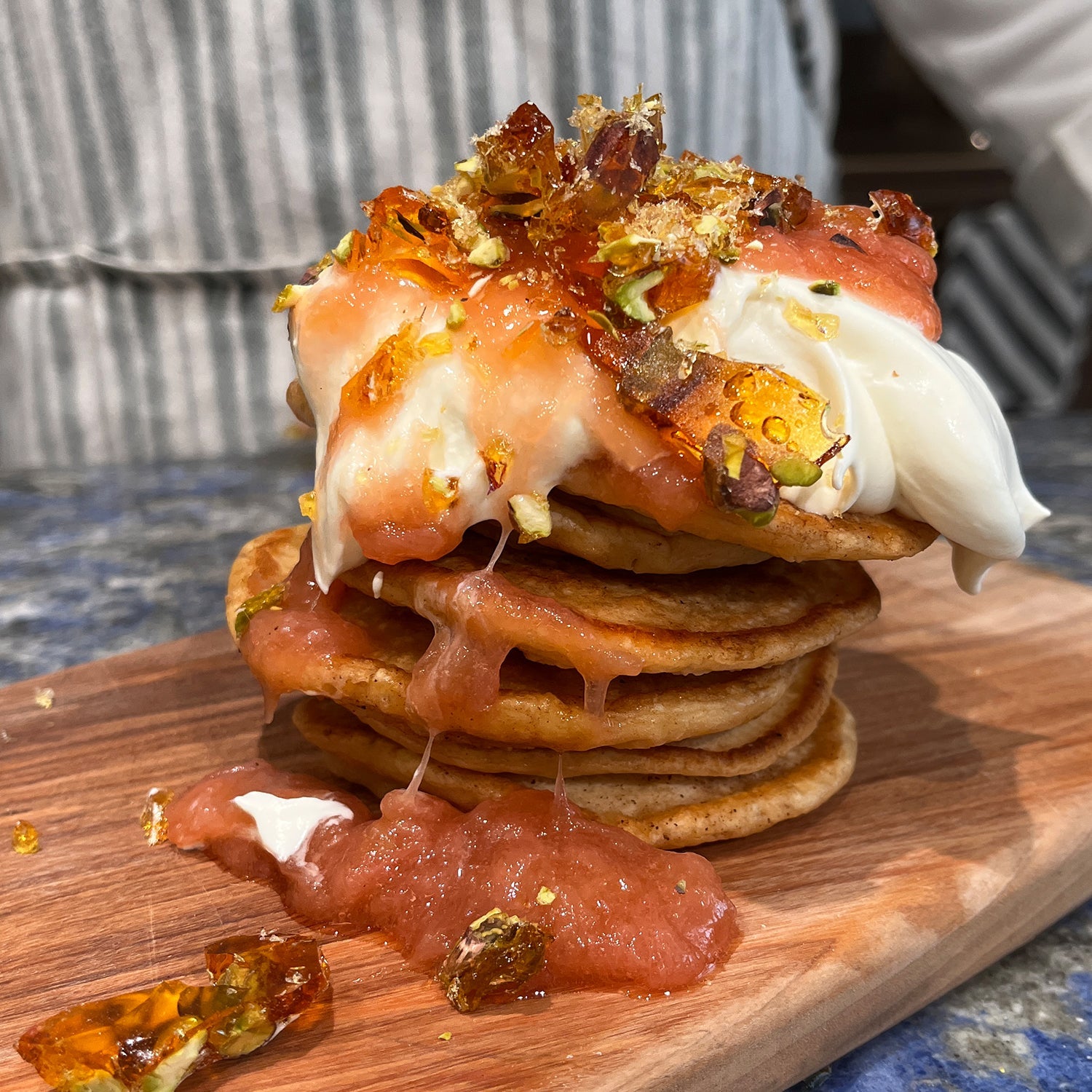 Rhubarb and Pistachio Sourdough Pancakes