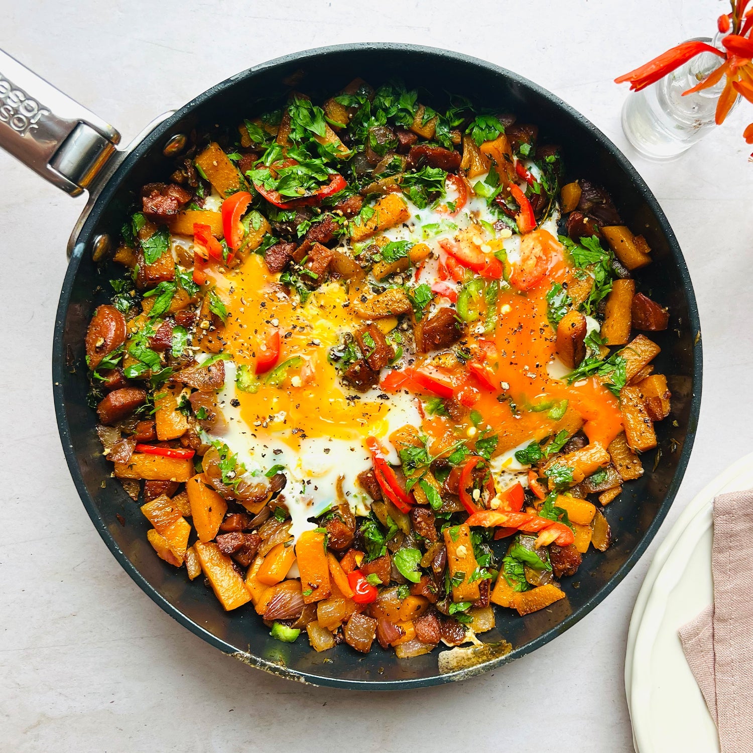 Butternut Squash & Chorizo Hash with Smashed Eggs | Joseph Joseph US