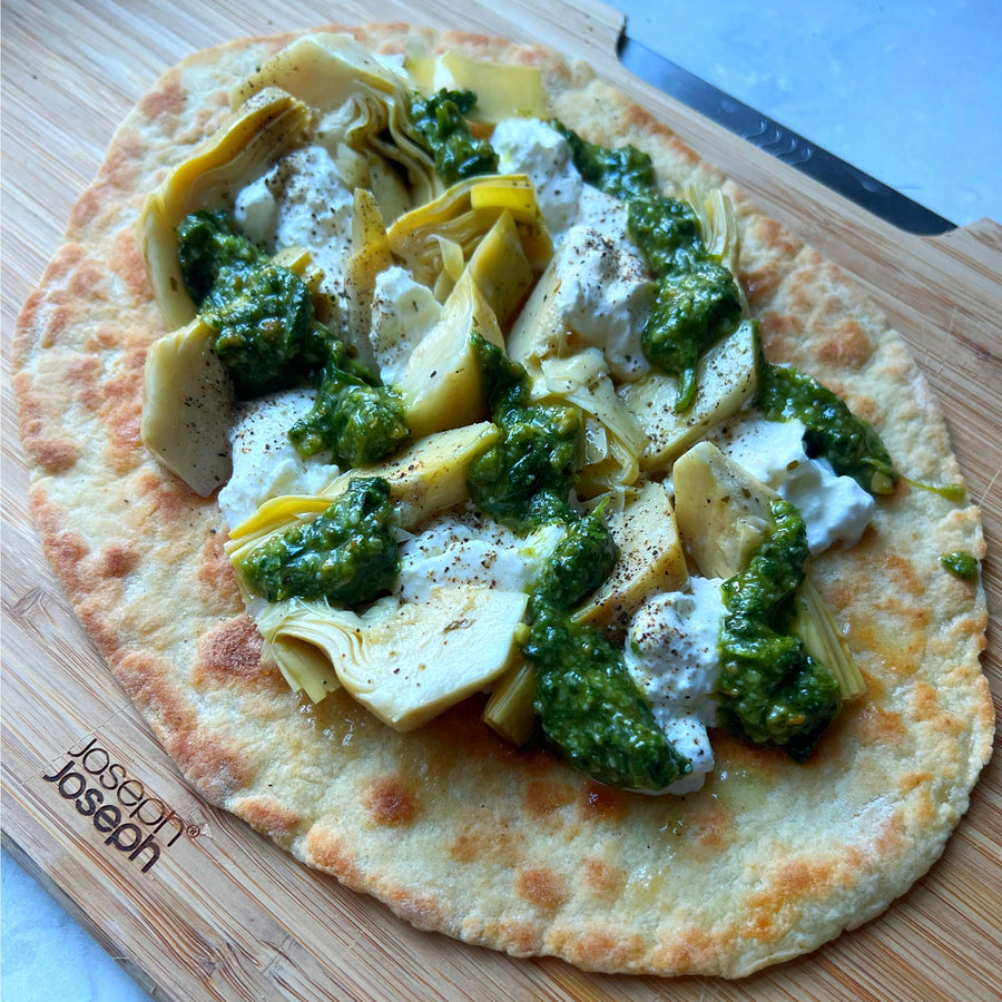 Flatbreads with Artichokes, Burrata &amp; Pesto