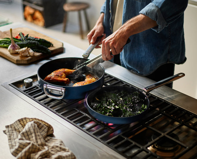 Space Folding Handle Ceramic Non-stick 3-piece Blue Cookware Set