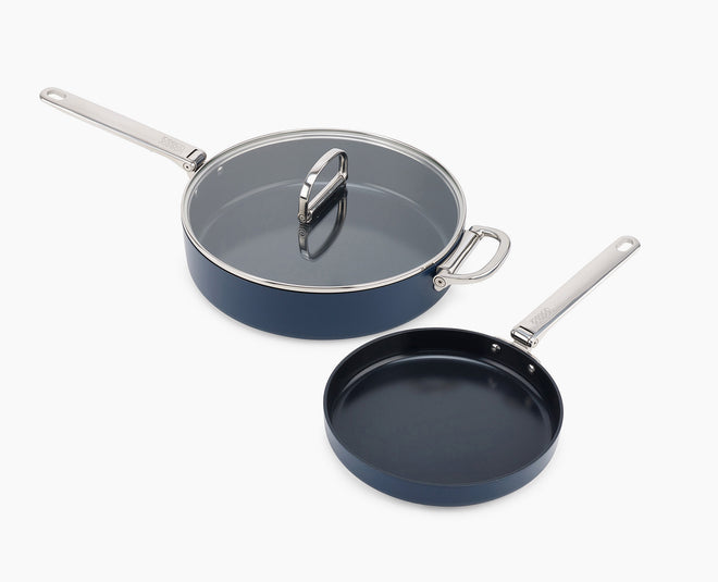 Space Folding Handle Ceramic Non-stick 3-piece Blue Cookware Set